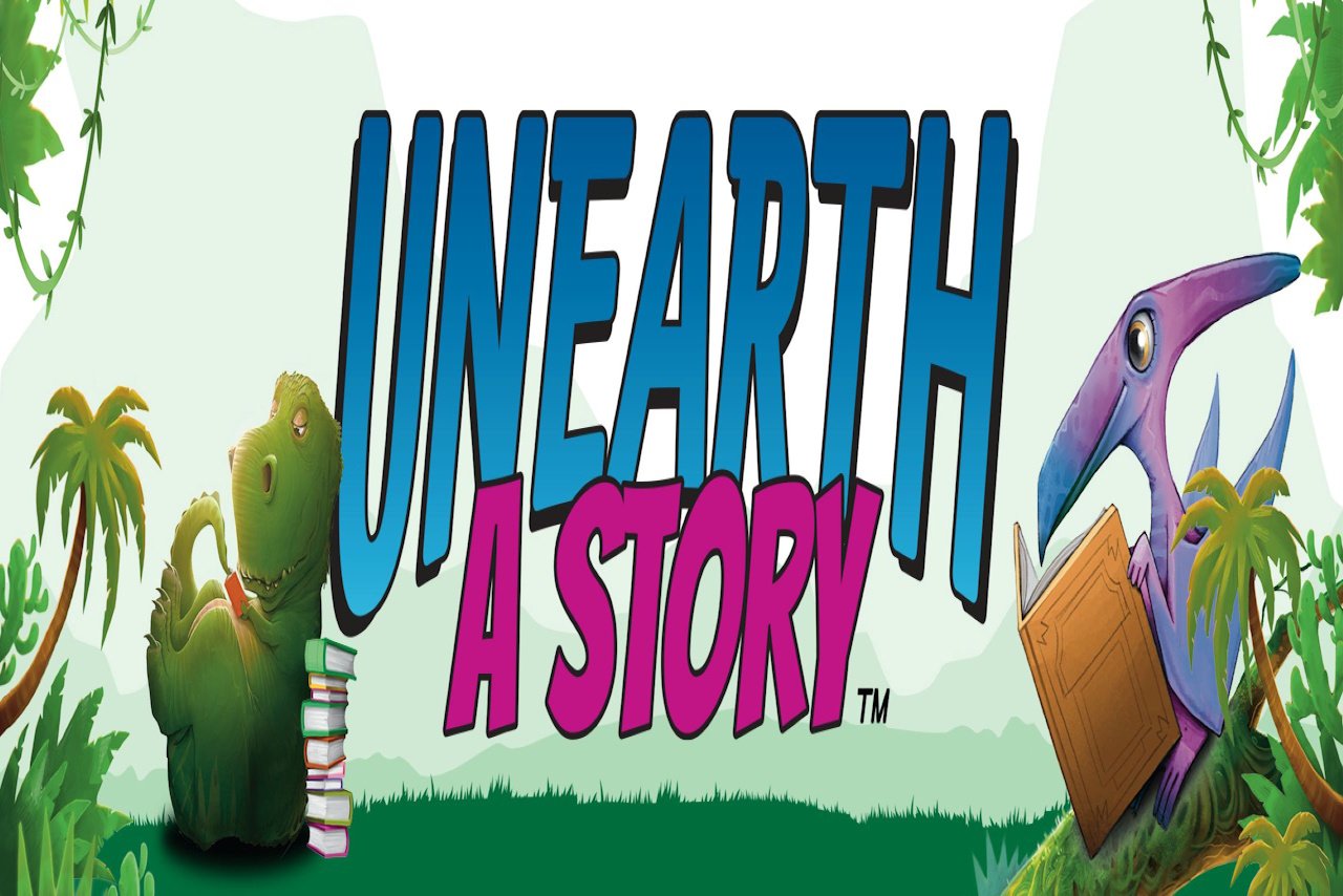 two dinosaurs reading.  Unearth a Story 2026 Summer Reading logo.