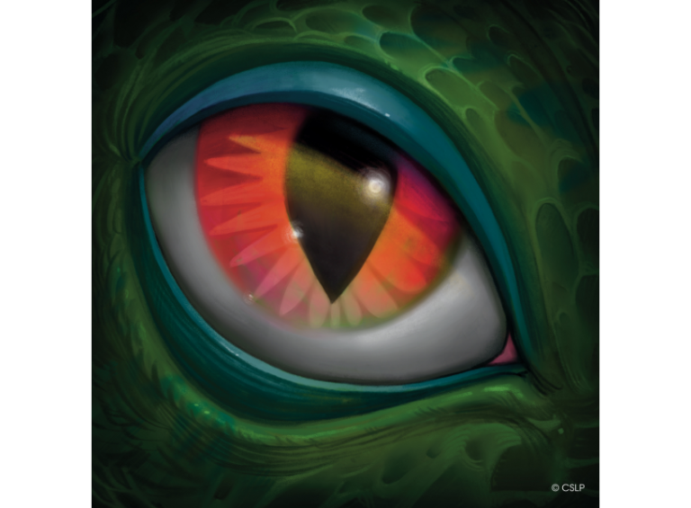 a single menacing dinosaur eye peers from the dark