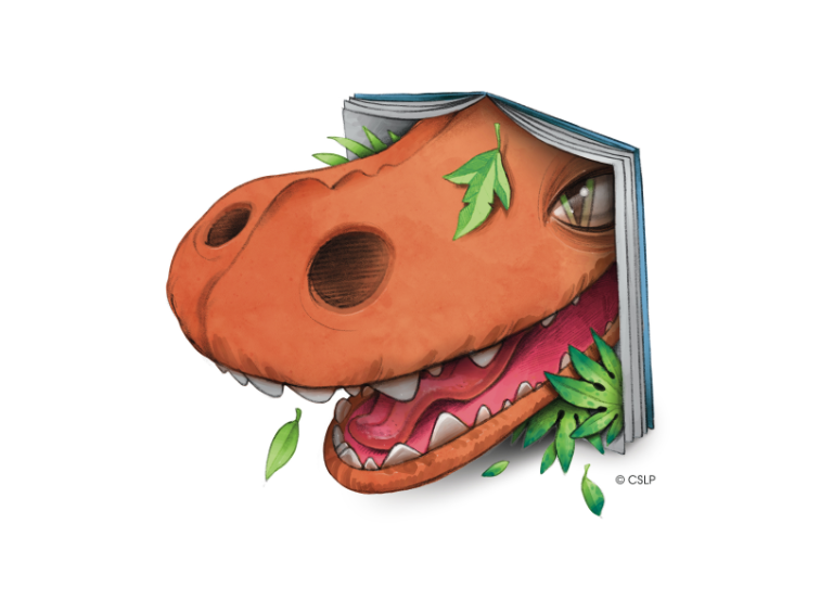illustrated happy dinosaur peeks its nose out from within a book
